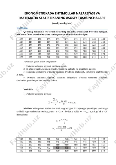 ekonometrikada ehtimollar nazariyasi va matematik statistikaning asosiy tushunchalari — DOC