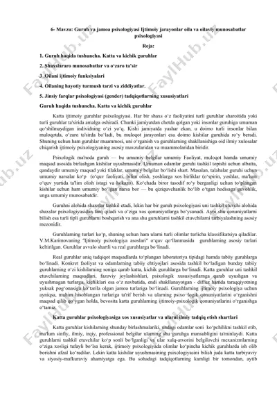 guruh va jamoa psixologiyasi ijtimoiy jarayonlar oila va oilaviy munosabatlar psixologiyasi — DOC