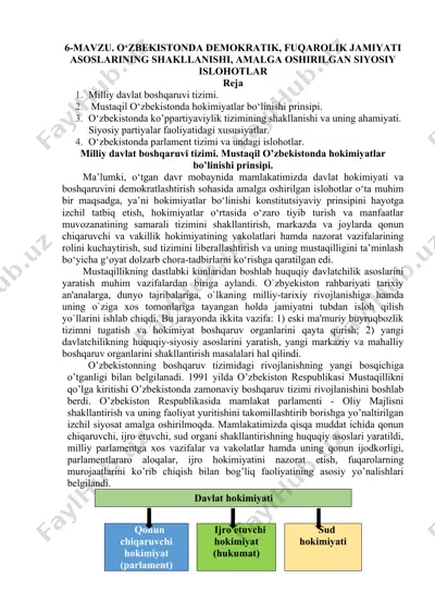 o‘zbekistonda demokratik, fuqarolik jamiyati asoslarining shakllanishi, amalga oshirilgan siyosiy islohotlar — DOC