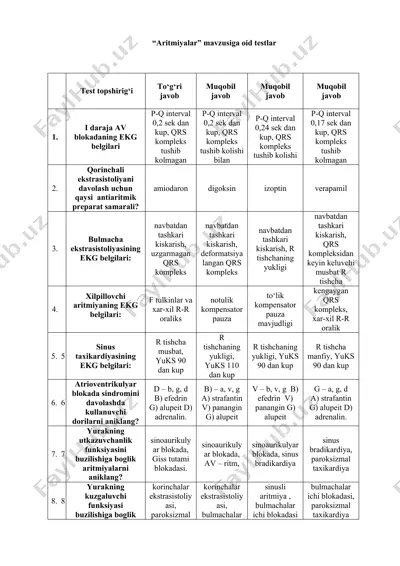 “aritmiyalar” mavzusiga oid testlar — DOC