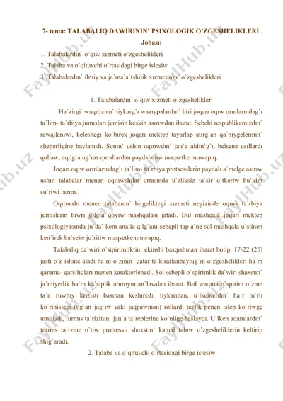 talabaliq dawirinin’ psixologik o’zgeshelikleri — DOC