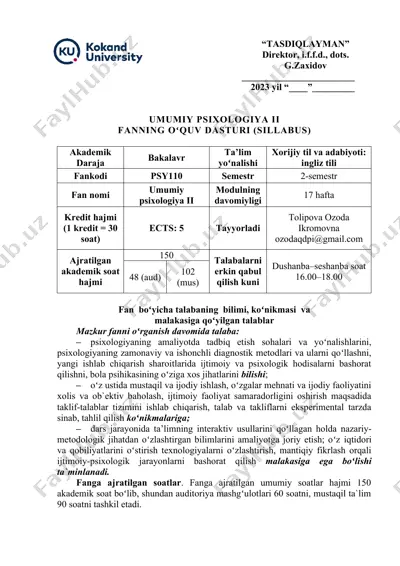umumiy psixologiya ii fanning o'quv dasturi (sillabus) — DOC