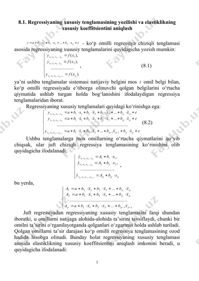 regressiyaning xususiy tenglamasining yozilishi va elastiklikning xususiy koeffitsientini aniqlash — DOC