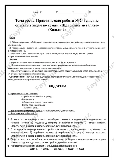 практическая работа № 2. решение опытных задач по темам «щелочные металлы» «кальций» — DOC