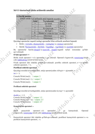 c# dasturlash tilida arifmetik amallar — DOC