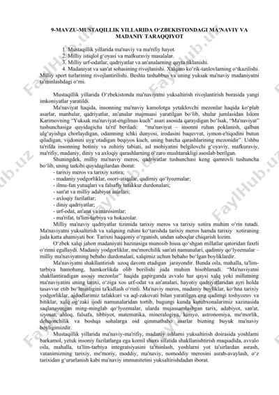 mustaqillik yillarida o‘zbekistondagi ma'naviy va madaniy taraqqiyot — DOC