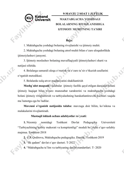 maktabgacha yoshdagi bolalarning rivojlanishi va ijtimoiy muhitning ta'siri — DOC