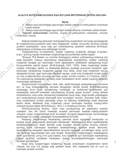 alaliya nutq kamchiligiga ega bolgan motorikasi ustida ishlash — DOC