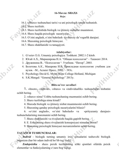 shaxsning psixologiyasi — DOC