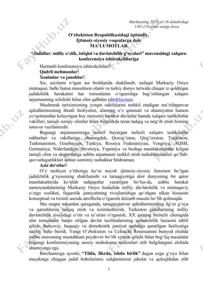 "jadidlar: milliy o‘zlik, istiqlol va davlatchilik g‘oyalari" mavzusidagi xalqaro konferensiya — DOC
