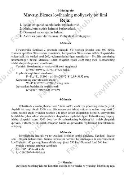 biznes loyihaning moliyaviy bo‘limi — DOC