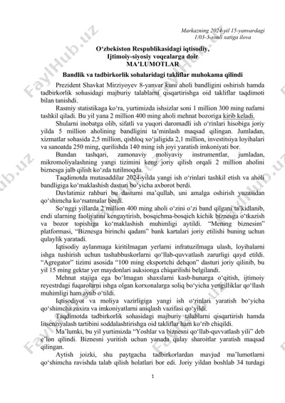 bandlik va tadbirkorlik sohalaridagi takliflar — DOC