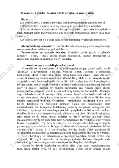 o’smirlik davrida psixik rivojlanish xususiyatlari — DOC