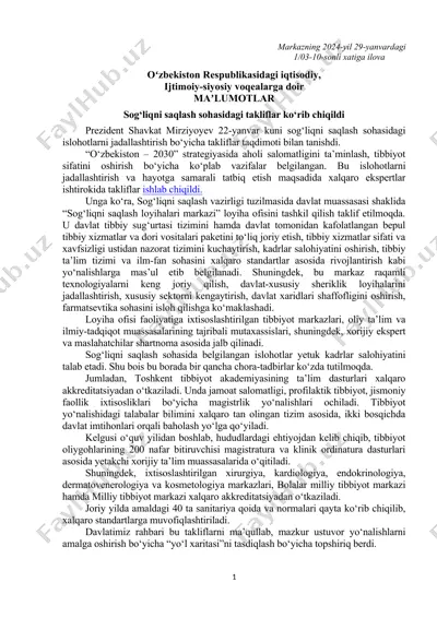 sog‘liqni saqlash sohasidagi takliflar — DOC
