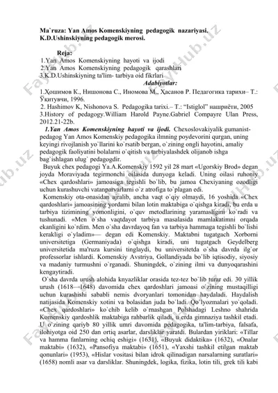 yan amos komеnskiyning pеdagogik nazariyasi — DOC