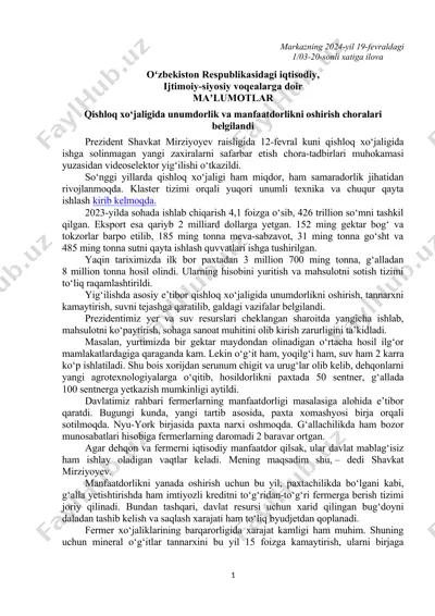qishloq xo‘jaligida unumdorlik va manfaatdorlikni oshirish choralari — DOC