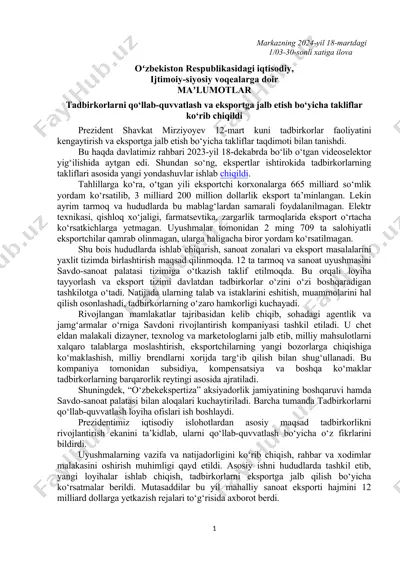 tadbirkorlarni qo‘llab-quvvatlash va eksportga jalb etish bo‘yicha takliflar — DOC