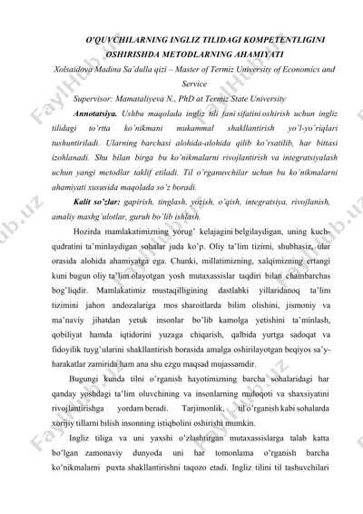 o'quvchilarning ingliz tilidagi kompetentligini oshirishda metodlarning ahamiyati — DOC