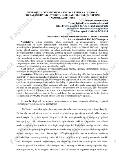 investitsiyalarni jalb etish va ulardan foydalanishning iqtisodiy samaradorligini oshirish — DOC