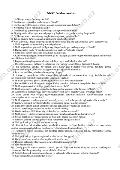 neftkimyo sintezi fanidan savollar — DOC