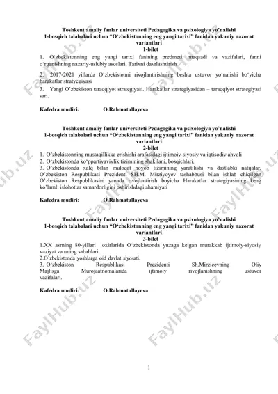 o‘zbekistonning eng yangi tarixi nazorat variantlari — DOC