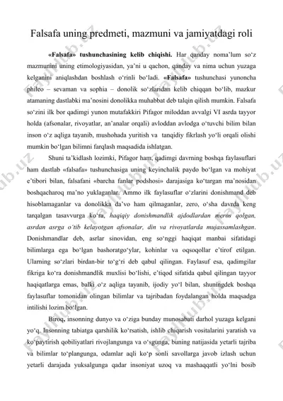 falsafa uning predmeti, mazmuni va jamiyatdagi roli — DOC