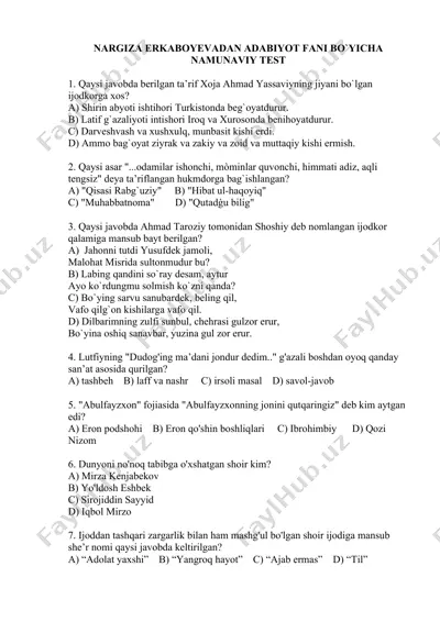 nargiza erkaboyevadan adabiyot fani bo'yicha namunaviy test — DOC