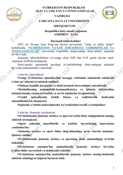 farg'ona davlat universiteti anjumani "oʻzbekiston taʼlim sohasidagi tadqiqotlar va innovatsiyalar" — DOC