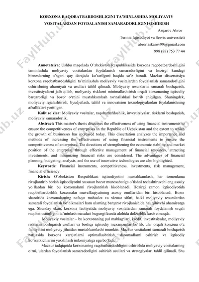 korxona raqobatbardoshligini taminlashda moliyaviy vositalardan foydalanish samaradorligini oshirish — DOC