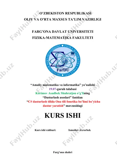 "c# dasturlash tilida ona tili fonetika bo’yicha dastur yaratish" — DOC
