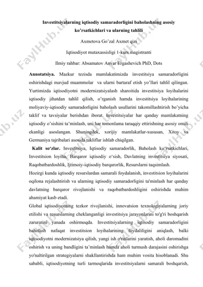 investitsiyalarning iqtisodiy samaradorligini baholashning asosiy ko’rsatkichlari va ularning tahlili — DOC