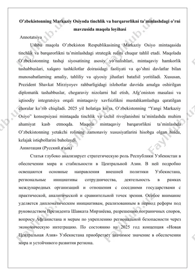 o‘zbekistonning markaziy osiyoda tinchlik va barqarorlikni ta’minlashdagi o‘rni — DOCX