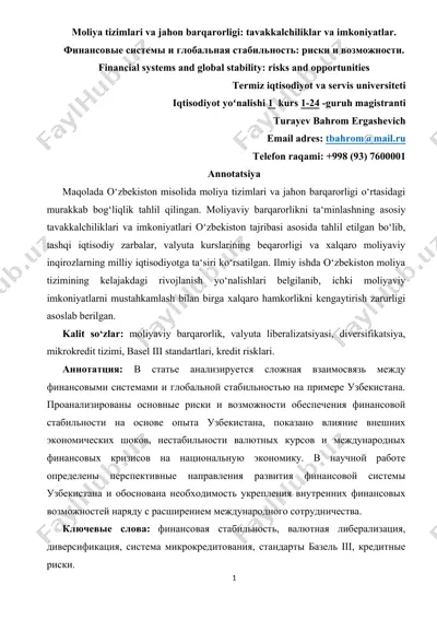 moliya tizimlari va jahon barqarorligi: tavakkalchiliklar va imkoniyatlar — DOC