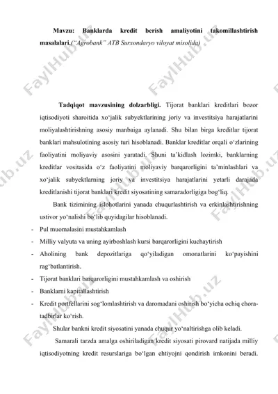 banklarda kredit berish amaliyotini takomillashtirish masalalari — DOC