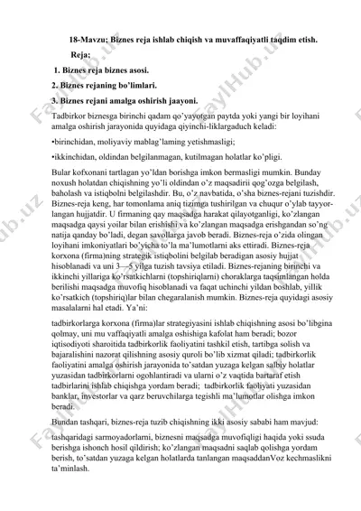 biznes reja ishlab chiqish va muvaffaqiyatli taqdim etish — DOC