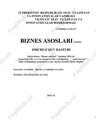 ishchi o'quv dasturi - biznes asoslari — DOC