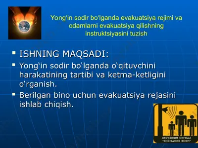 yong‘in sodir bo‘lganda evakuatsiya rejimi va odamlarni evakuatsiya qilishning instruktsiyasini tuzish — PPT