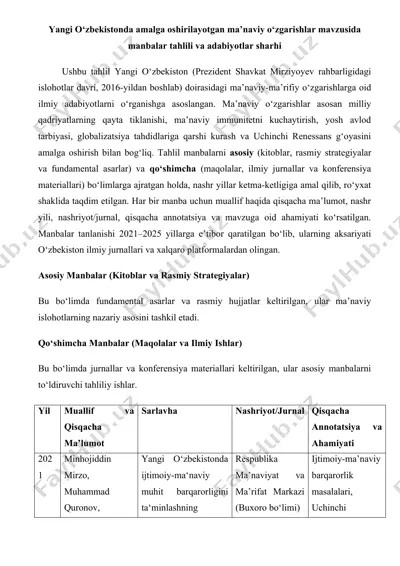 yangi o‘zbekistonda amalga oshirilayotgan ma’naviy o‘zgarishlar mavzusida manbalar tahlili va adabiyotlar sharhini tayyorlash. 25 — DOCX