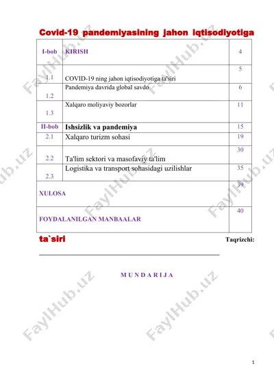 covid-19 pandemiyasining jahon iqtisodiyotiga ta`siri — DOC