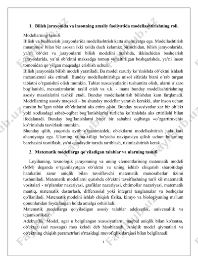 modellashtirishning roli — DOC