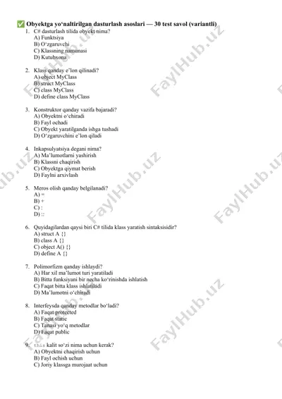 obyektga yo‘naltirilgan dasturlash asoslari — 30 test savol (variantli) — DOC