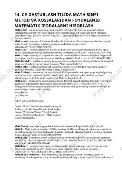 math sinfi metod va xossalaridan foydalanib matematik ifodalarni hisoblash — DOC