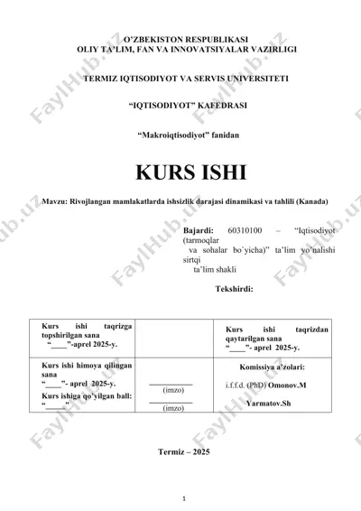 kurs ishi: rivojlangan mamlakatlarda ishsizlik darajasi dinamikasi va tahlili (kanada) — DOCX