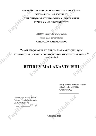angren qo‘ng‘ir ko‘mir va markaziy qizilqum fosforitlari asosida donador organik o‘g‘itlar olish — DOC