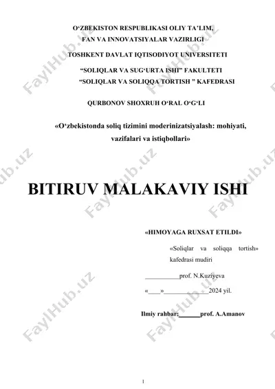 "o‘zbekistondа soliq tizimini moderinizаtsiyаlаsh: mohiyаti, vаzifаlаri vа istiqbollаri" malakaviy ishi — DOC