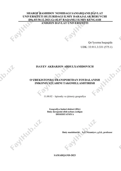 o‘zbekiston transportdan foydalanish imkoniyatlarini takomillashtirish dissertatsiyasi — DOC