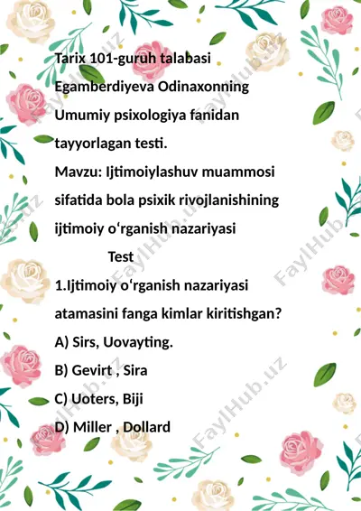 umumiy psixologiya fanidan tayyorlagan test — DOC