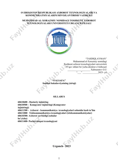 muhammad al-xorazmiy nomidagi toshkent axborot texnologiyalari universiteti urganch filiali "falsafa" fanidan bakalavriyatning sillabusi — DOC