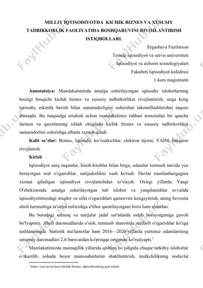 milliy iqtisodiyotda kichik biznes va xususiy tadbirkorlik faoliyatida boshqaruvini rivojlantirish istiqbollari — DOC