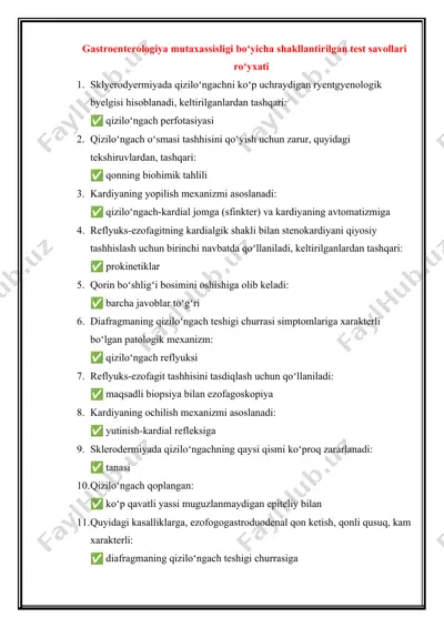 gastroenterologiya mutaxassisligi bo‘yicha shakllantirilgan test savollari ro‘yxati — DOC